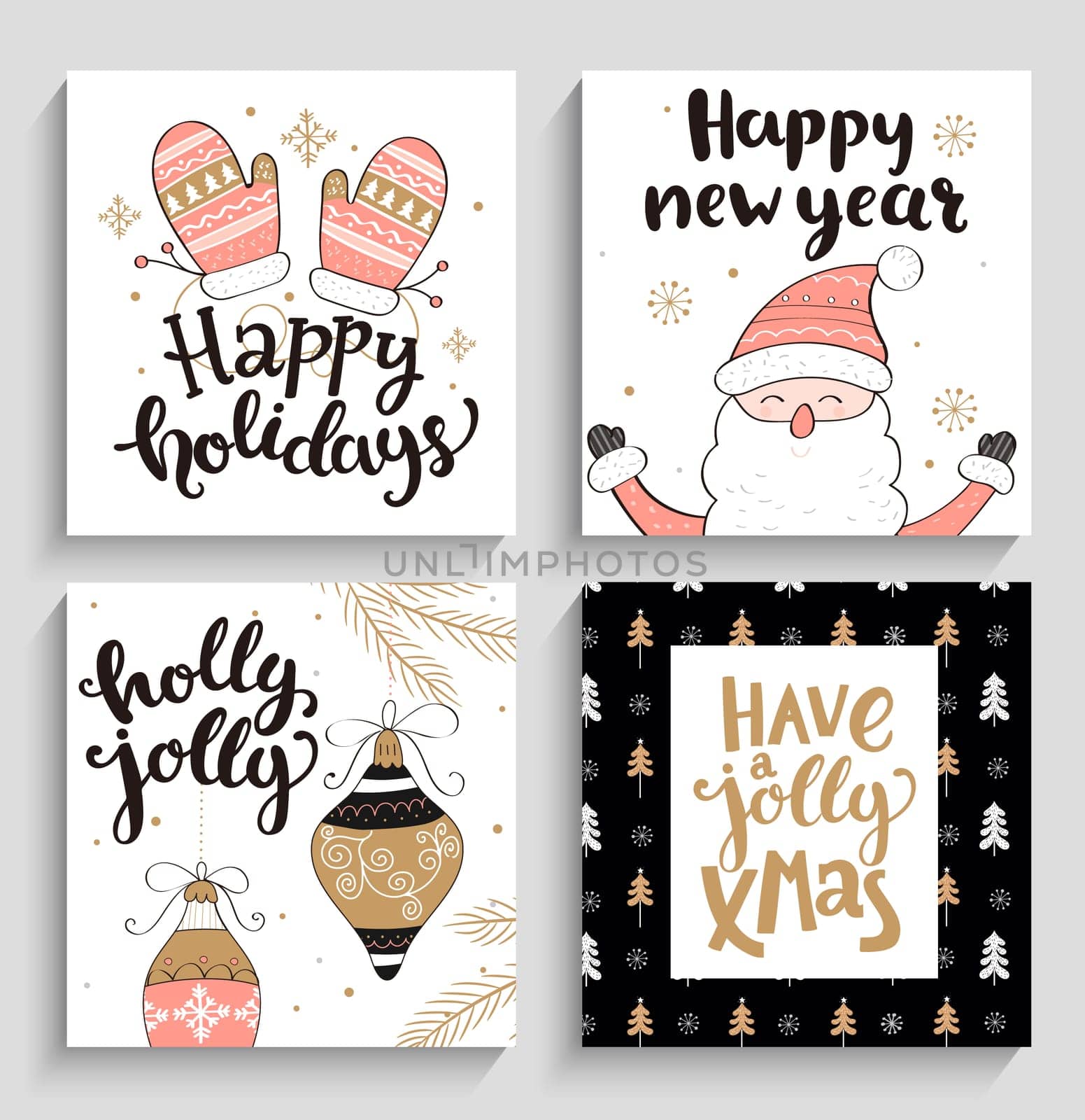 Set of christmas and new year greeting cards. Vector illustration.