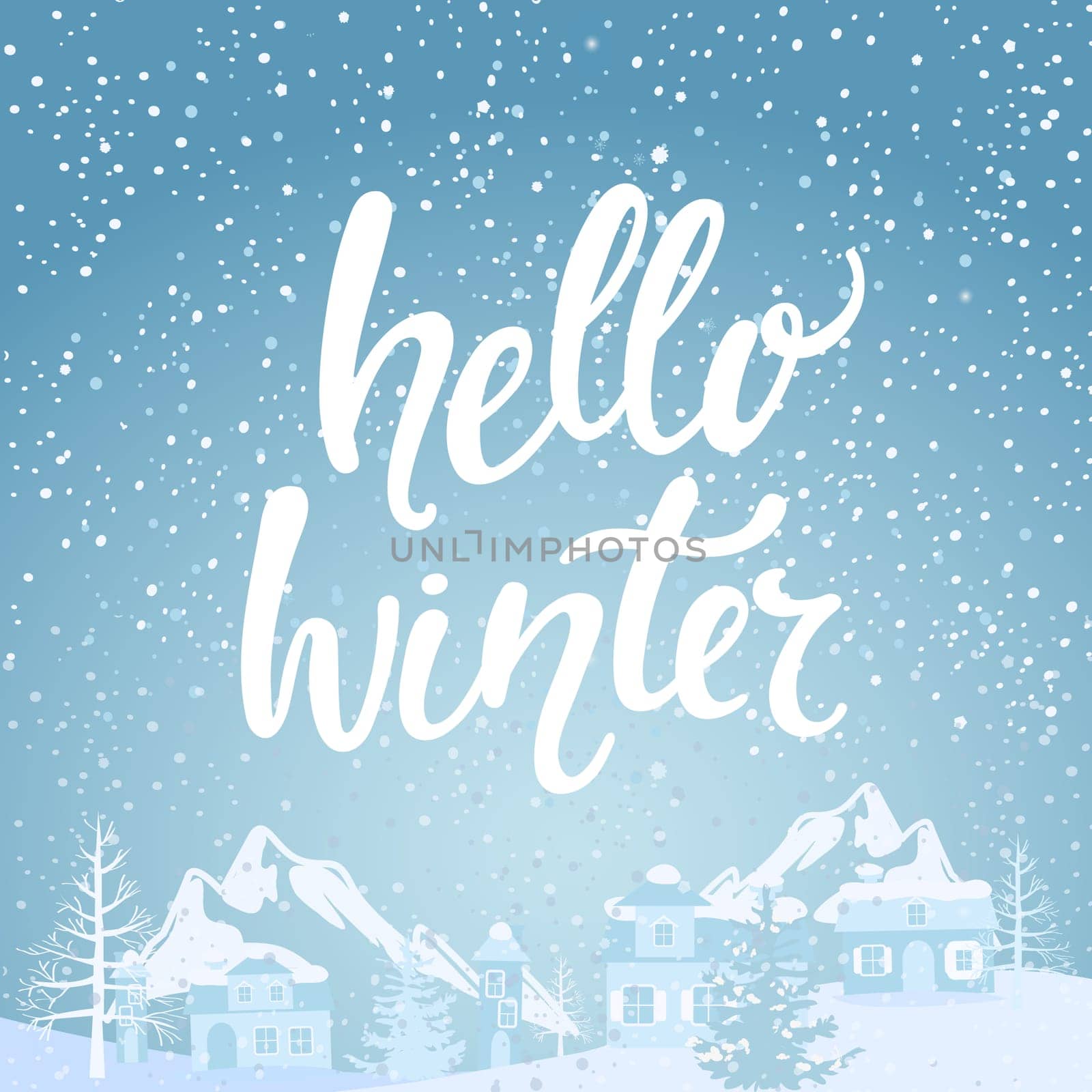 Hello winter banner with lettering. Snowfall on the background of village and mountains. Vector illustration.