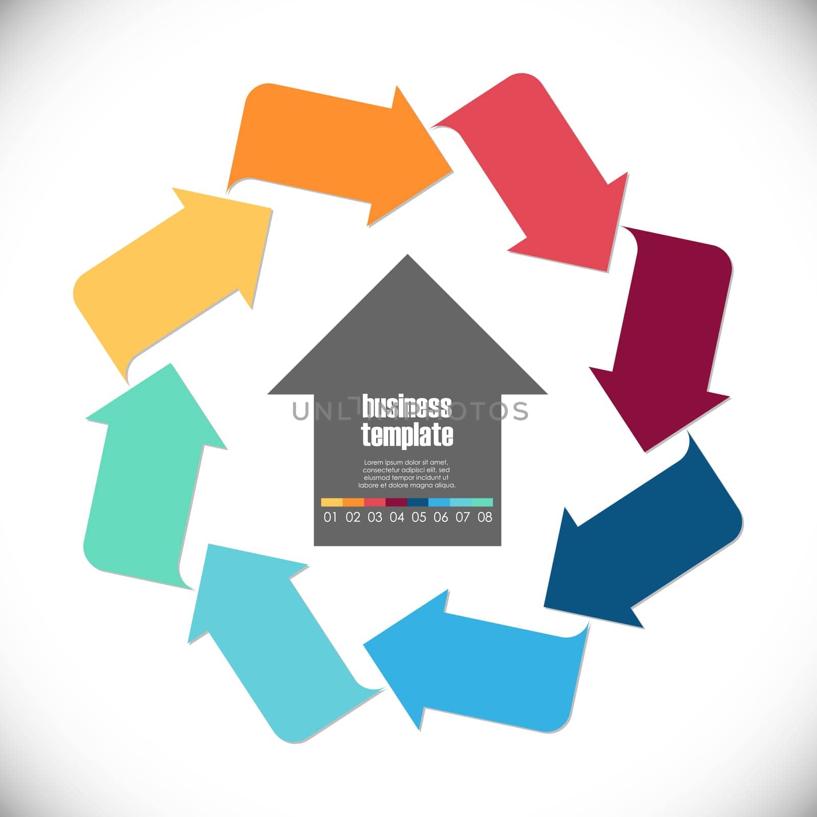 colored template of business info graphic with different options showing team work process