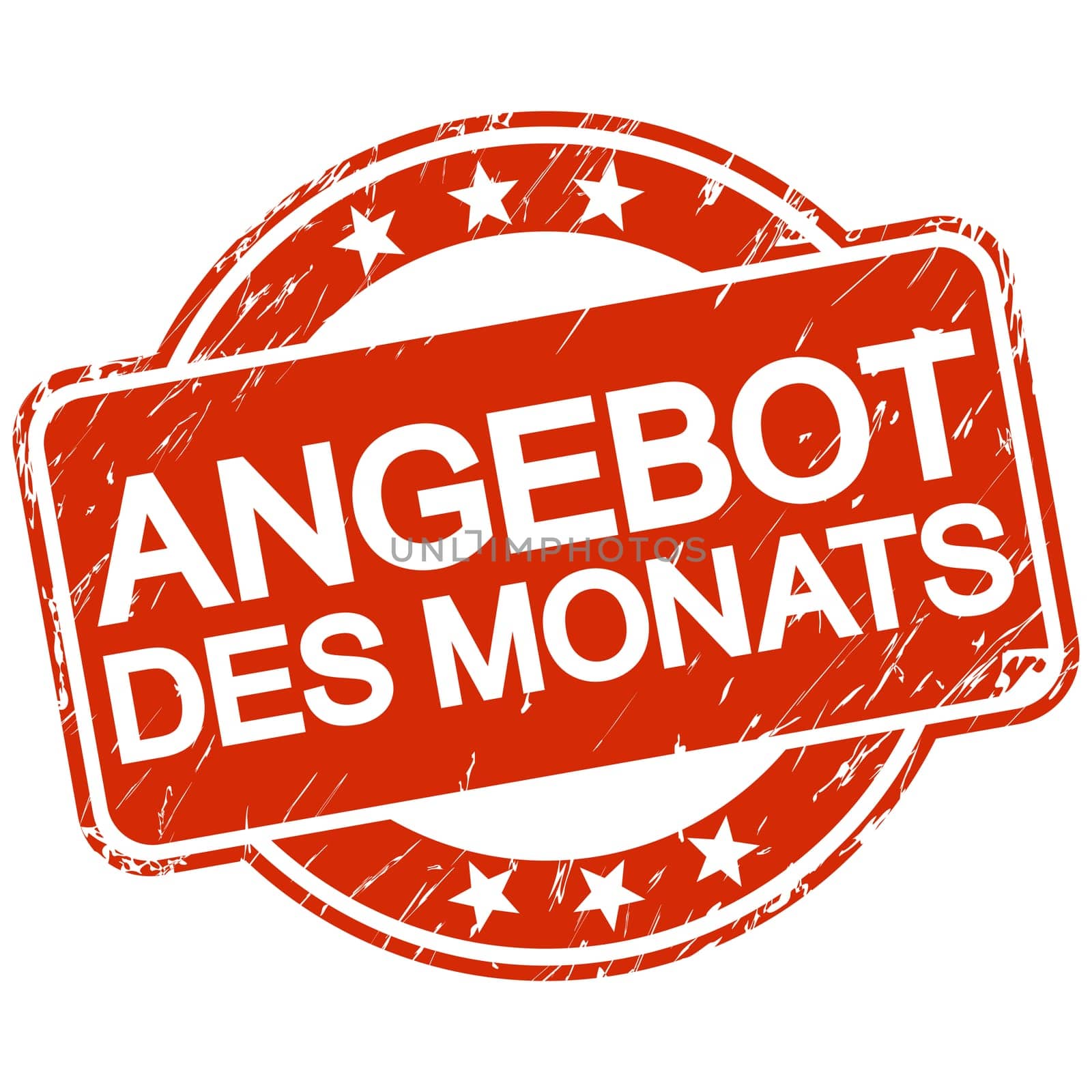 red round stamp with scratches and text offer of the month (in english)