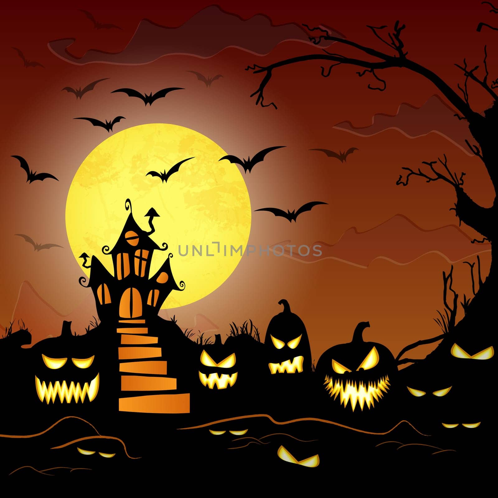 dark castle in front of full moon with scary illustrated elements for Halloween background layouts
