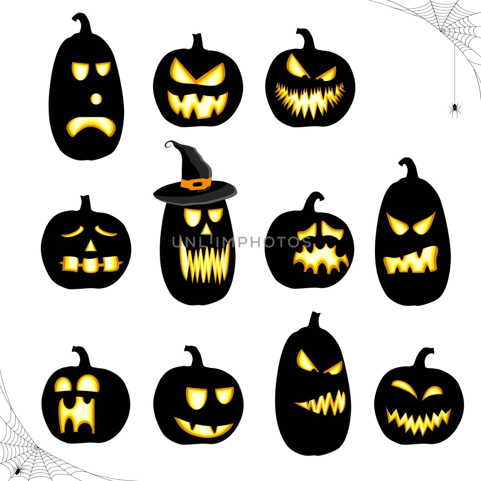 collection of different black colored illustrated pumpkins for Halloween layouts
