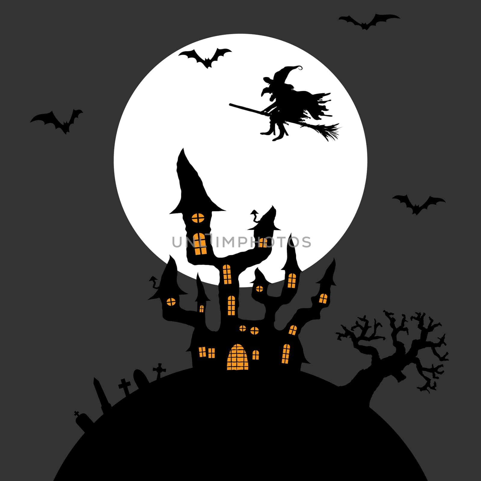 dark castle and witch in front of full moon with scary illustrated elements for Halloween background layouts