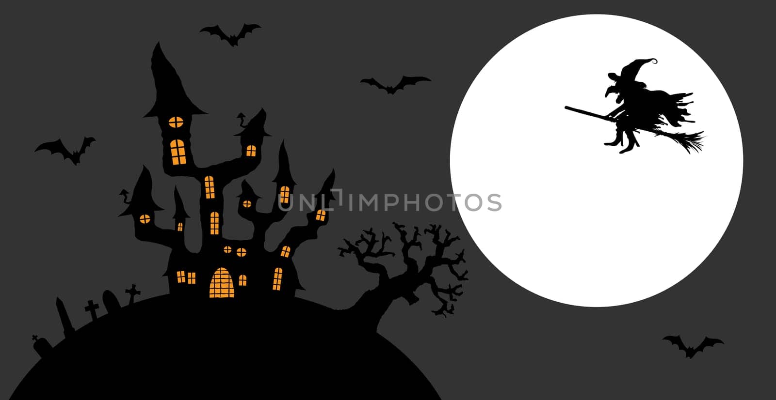 dark castle and witch in front of full moon with scary illustrated elements for Halloween background layouts