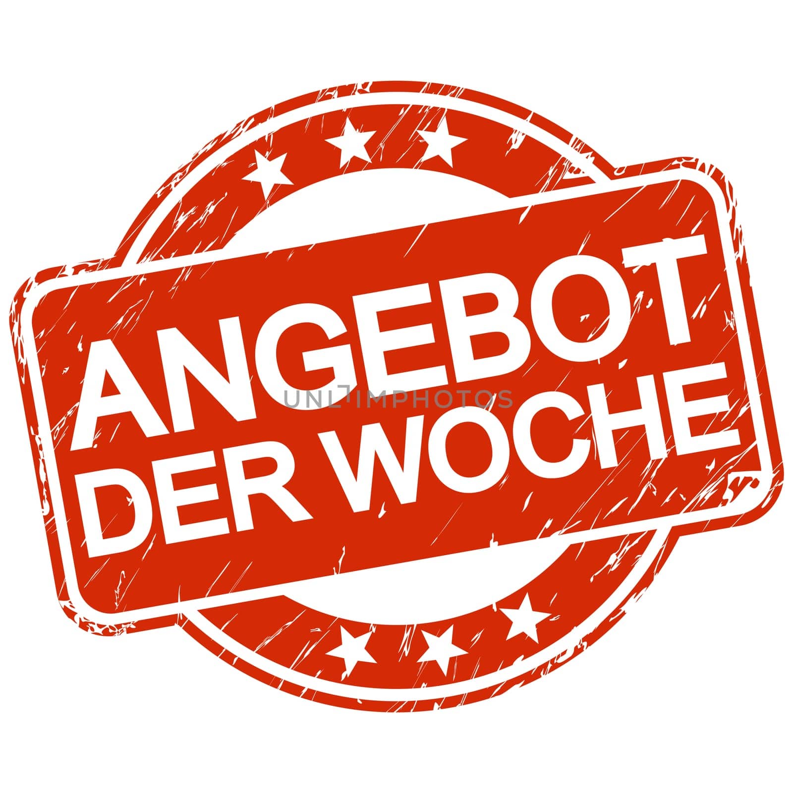 red round stamp with scratches and text offer of the week (in english)