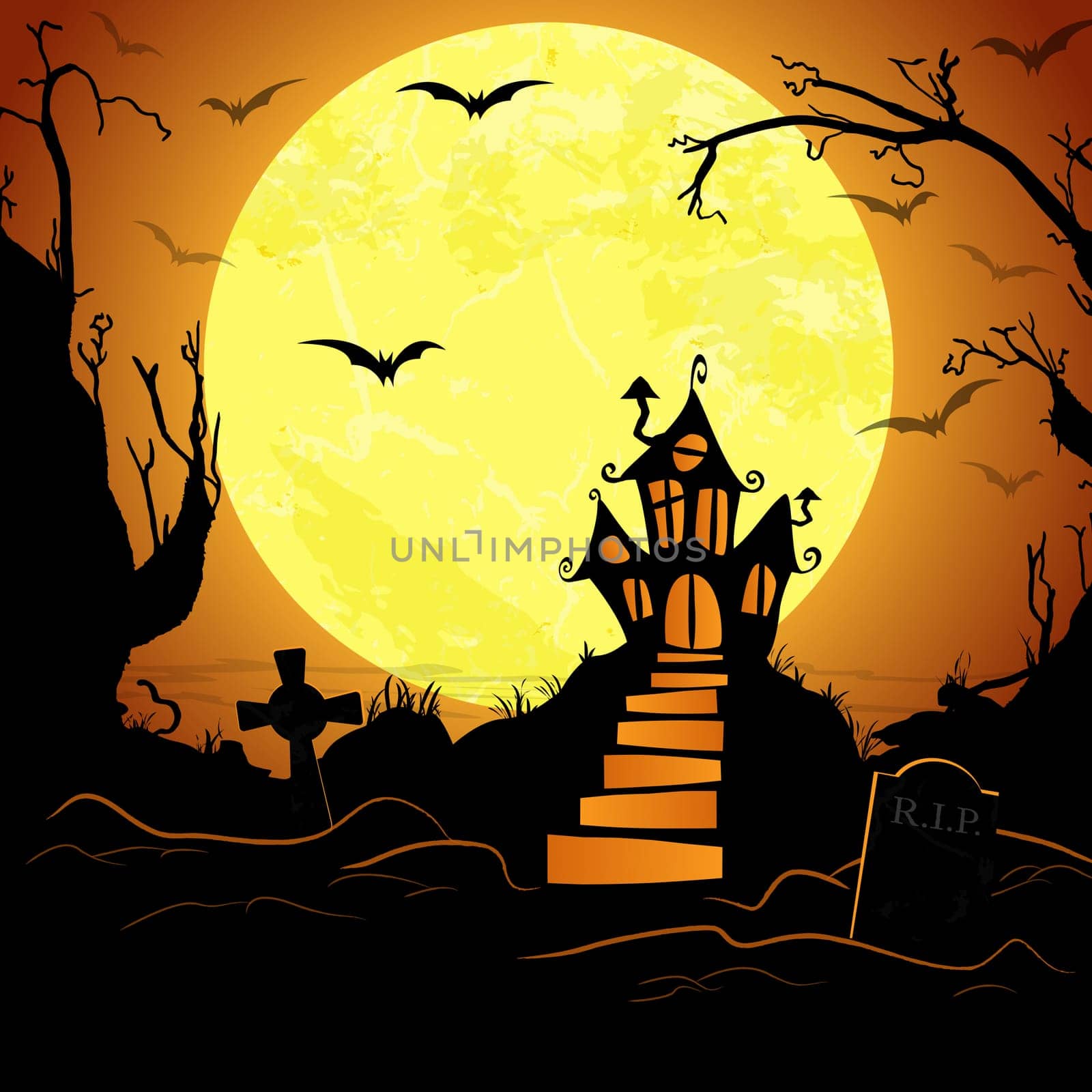 dark castle in front of full moon with scary illustrated elements for Halloween background layouts