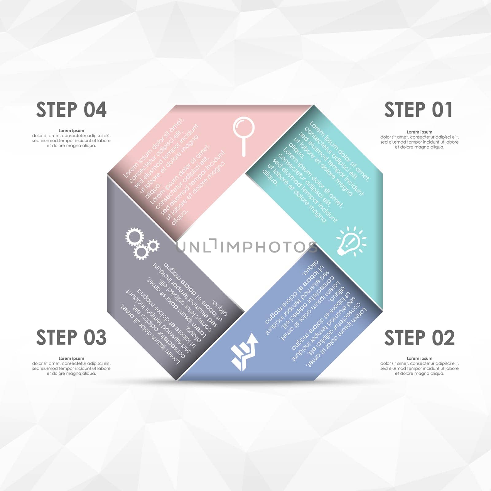 colored template of business info graphic with different options showing team work process