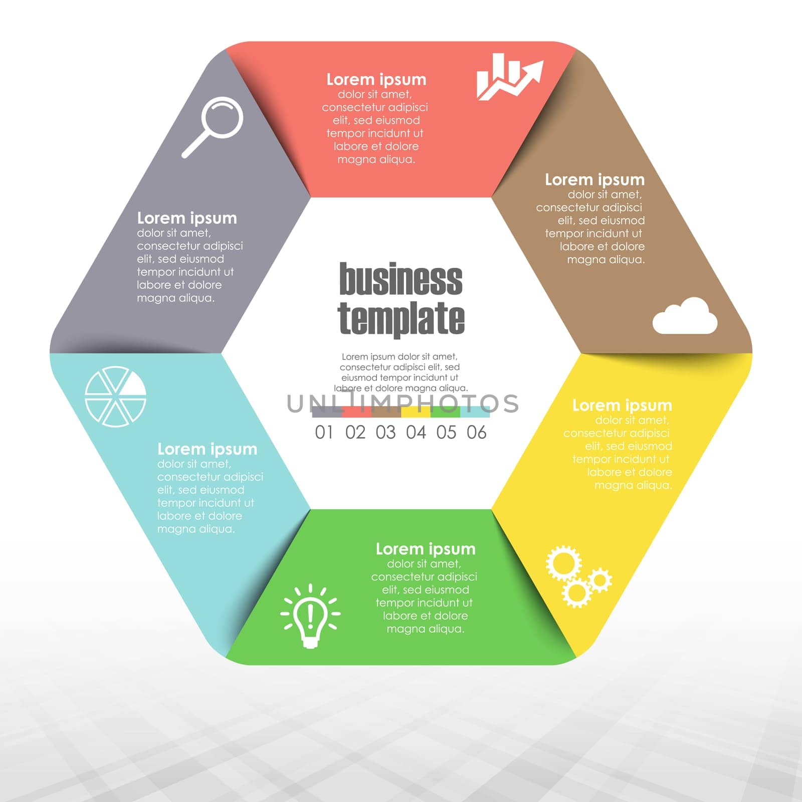 colored template of business info graphic with different options showing team work process
