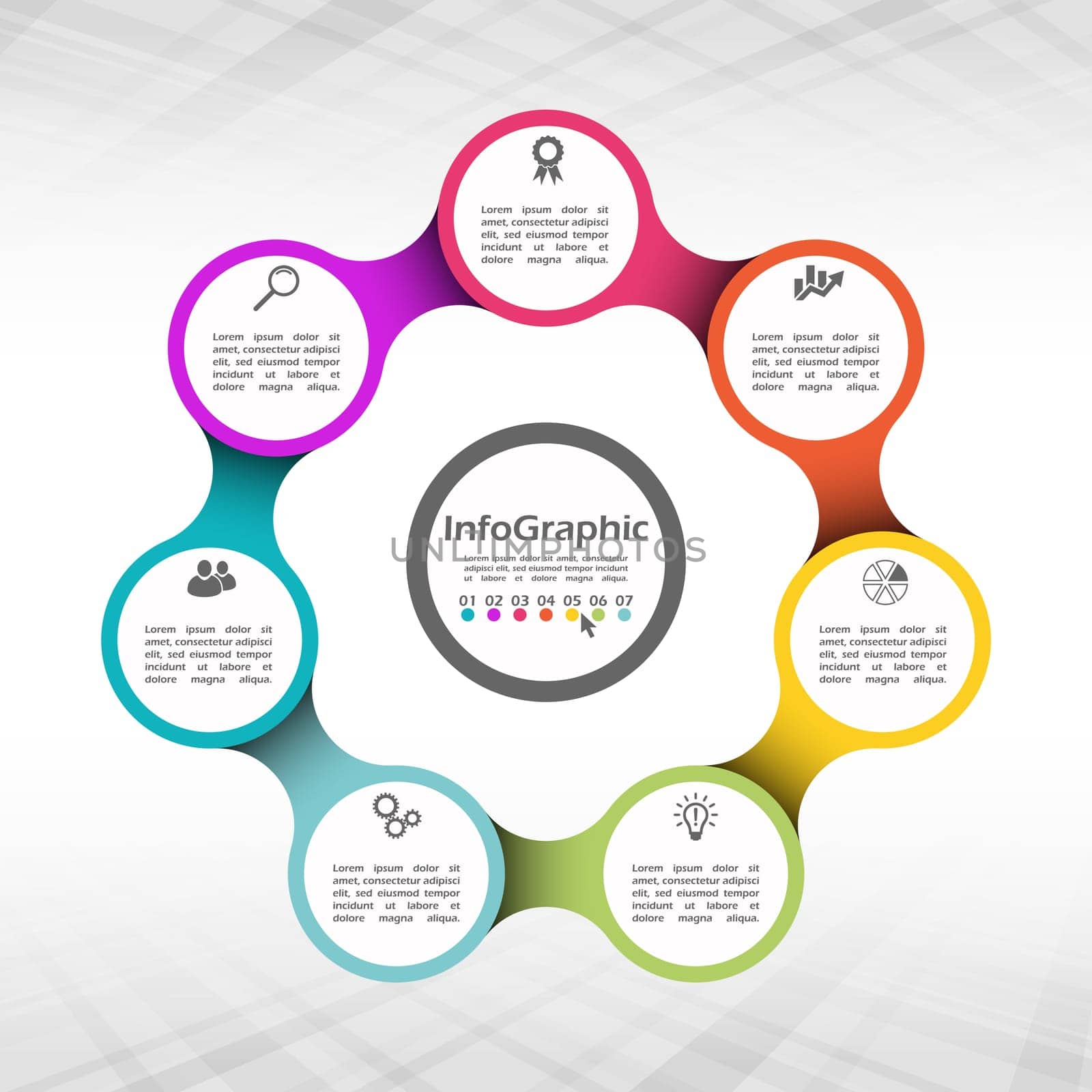 colored template of business info graphic with different options showing team work process