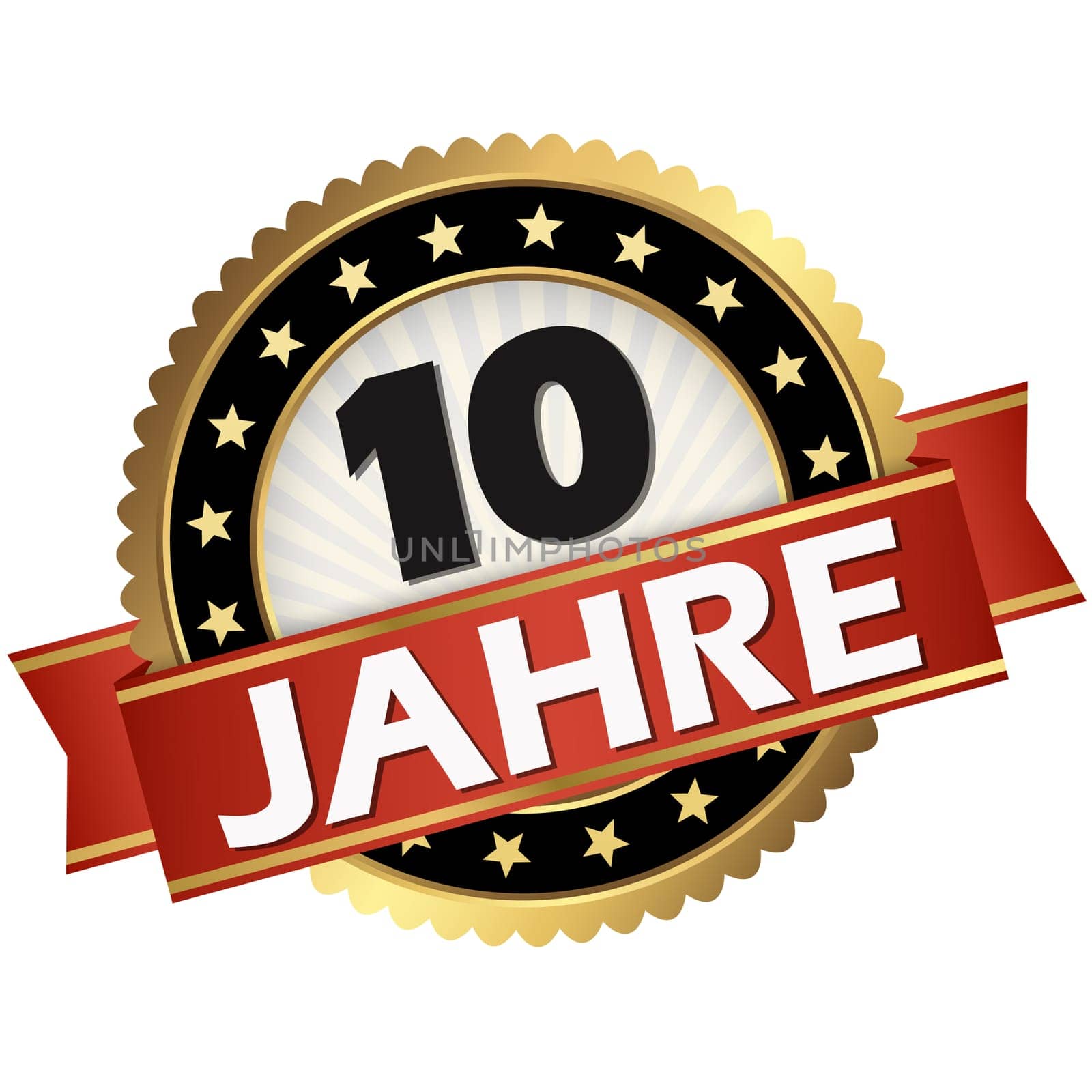 round jubilee button with red banner and german text 10 years