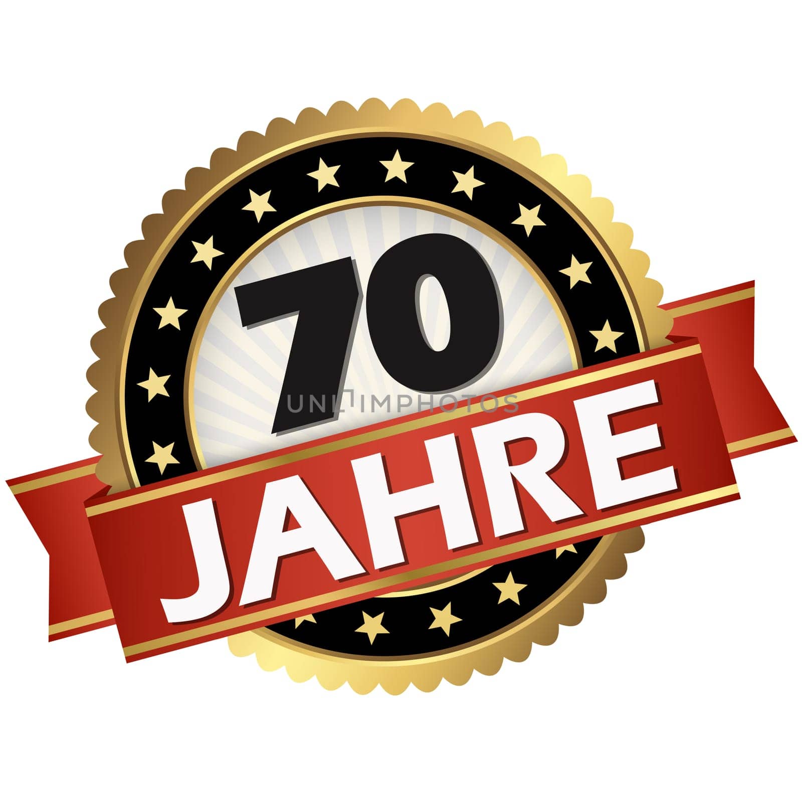 round jubilee button with red banner and german text 70 years
