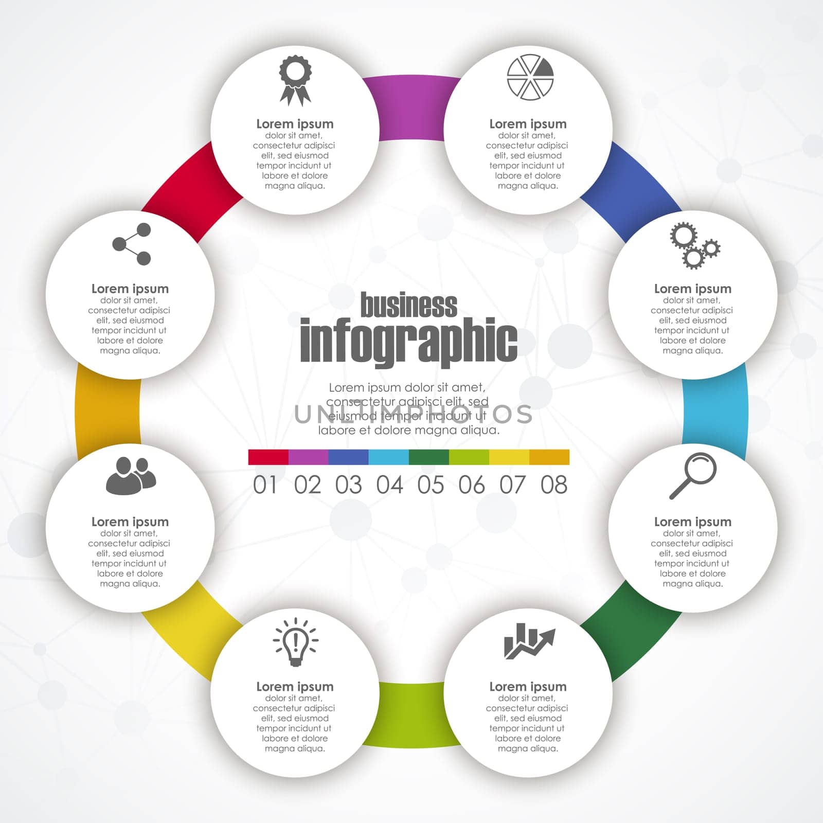 colored template of business info graphic with different options showing team work process