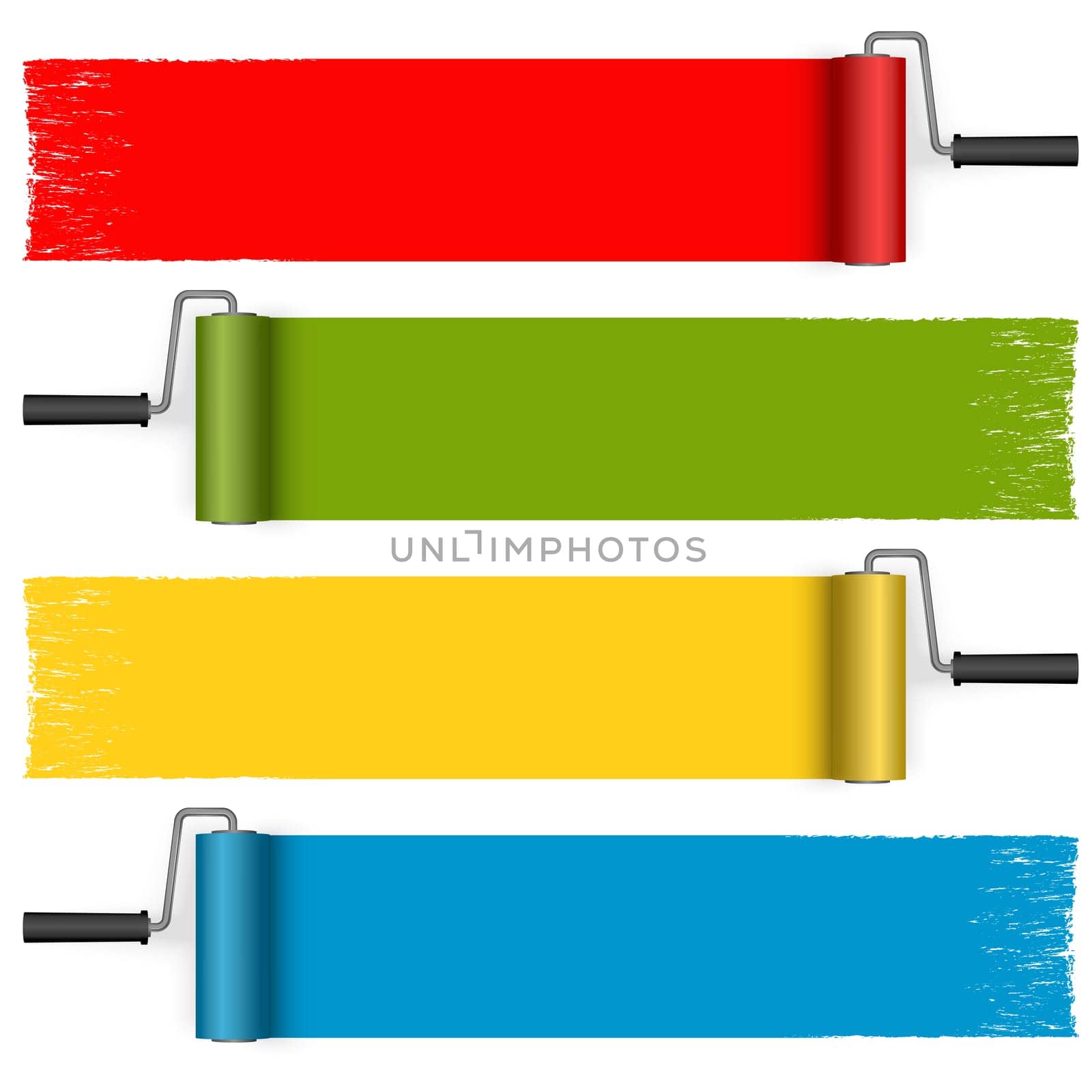collection of paint rollers with painted markings in different colors