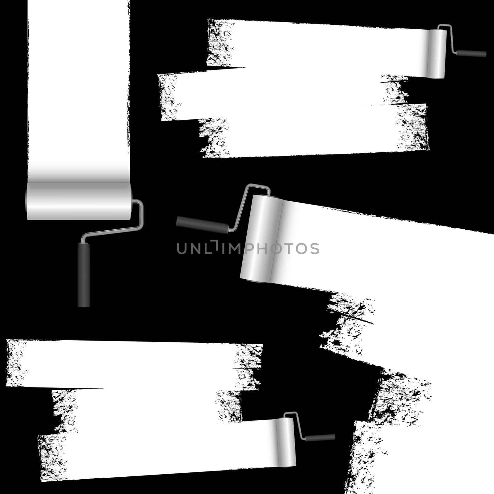 isolated on black background paint roller with painted markings colored white