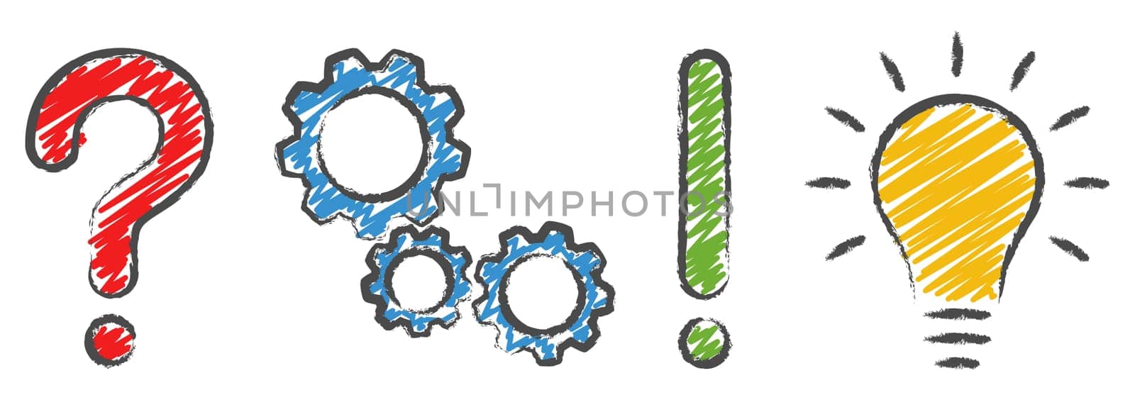 question mark,gear wheels,exclamation mark and light bulb concept icons symbolizing questioning,analysis,planning and idea