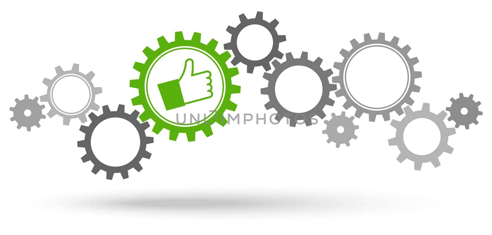 gray gear wheels with green thumbs up symbolizing success