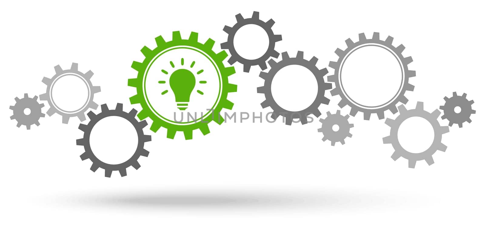 gray gear wheels with green light bulb symbolizing idea or solution