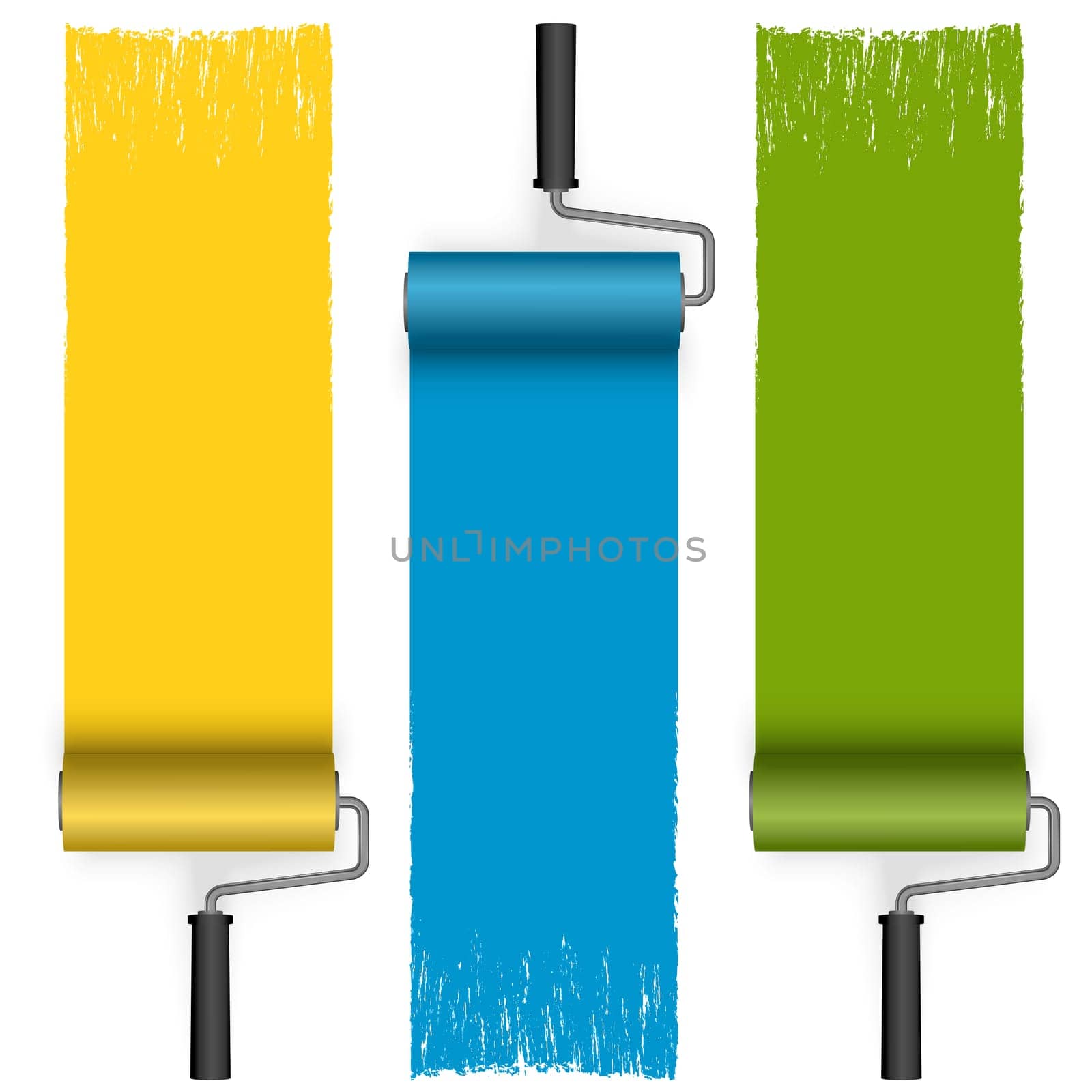 collection of paint rollers with painted markings in different colors