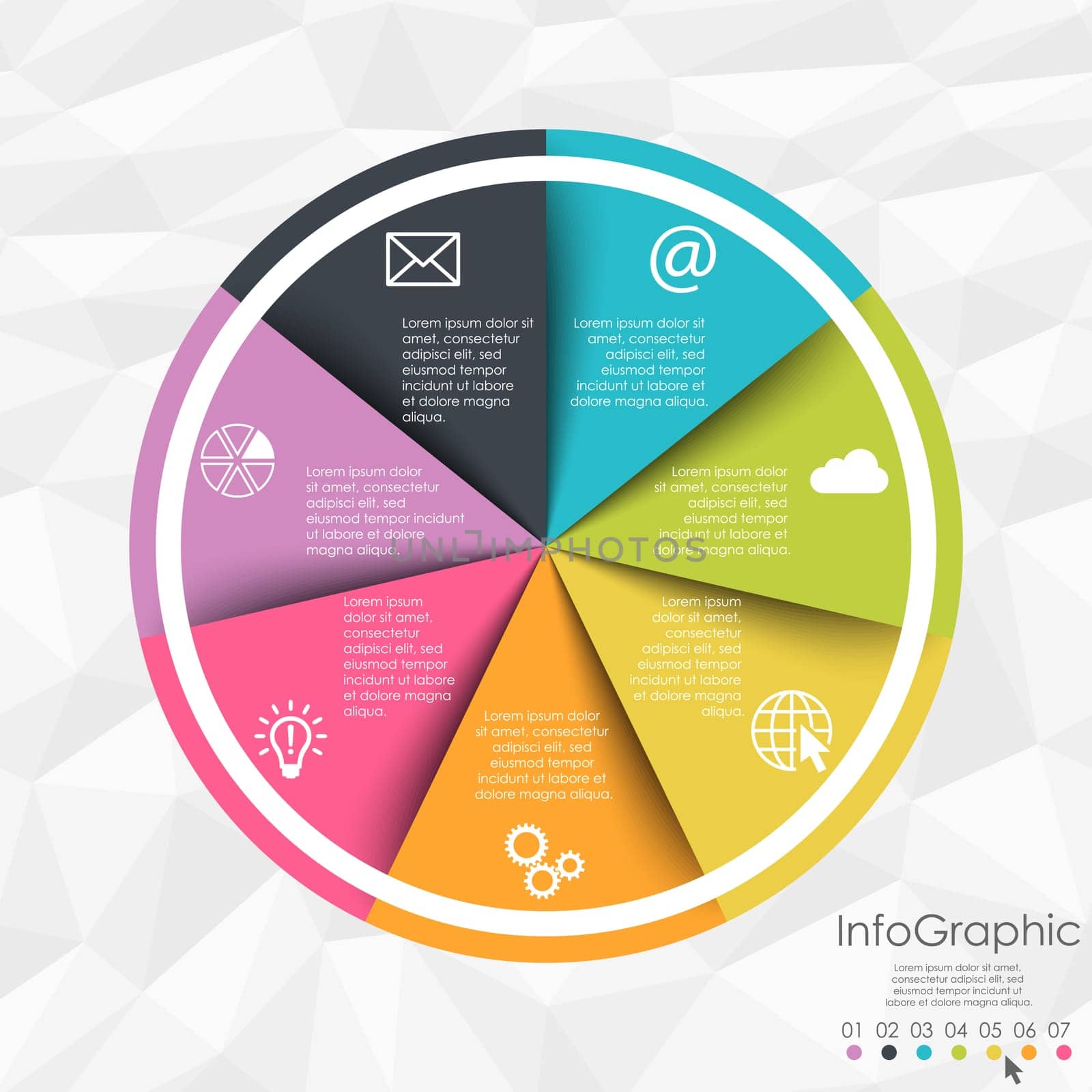colored template of business info graphic with different options showing team work process