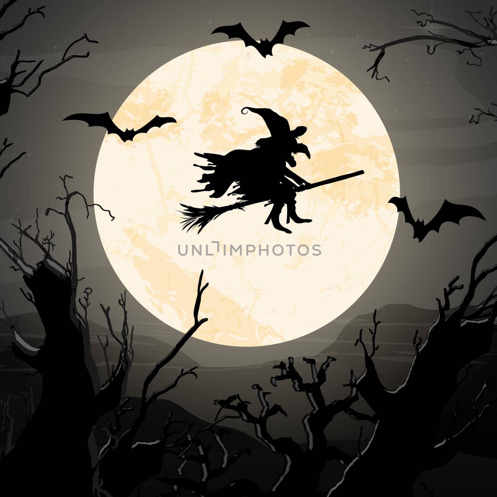 witch in front of full moon with scary illustrated elements for Halloween background layouts