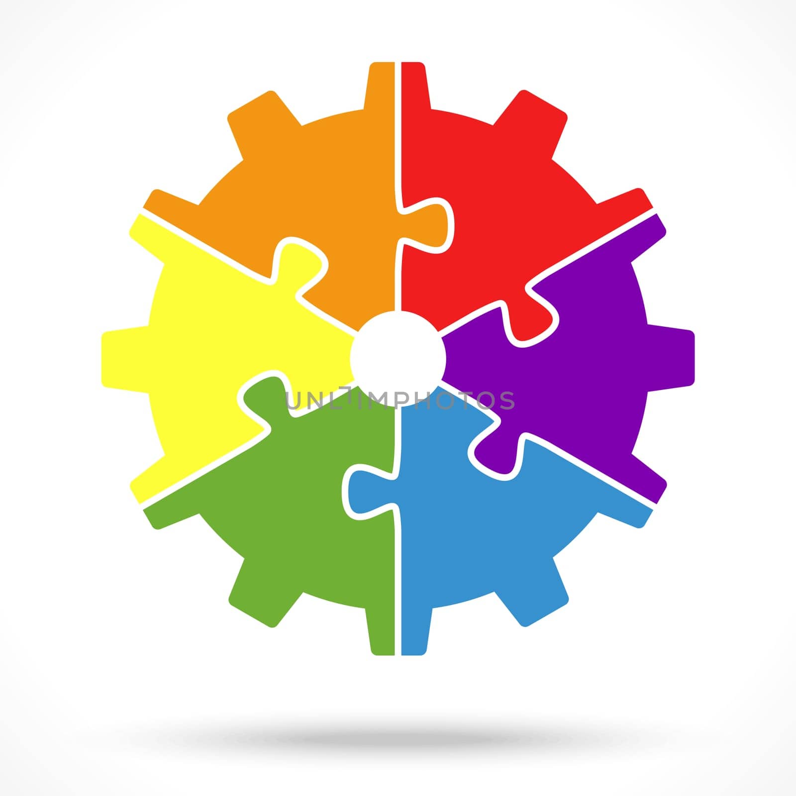gear wheel with six colored puzzle parts for cooperation or teamwork symbolism