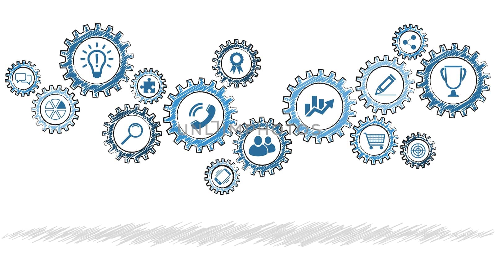 blue scribble gear wheels with different business icons symbolizing team work