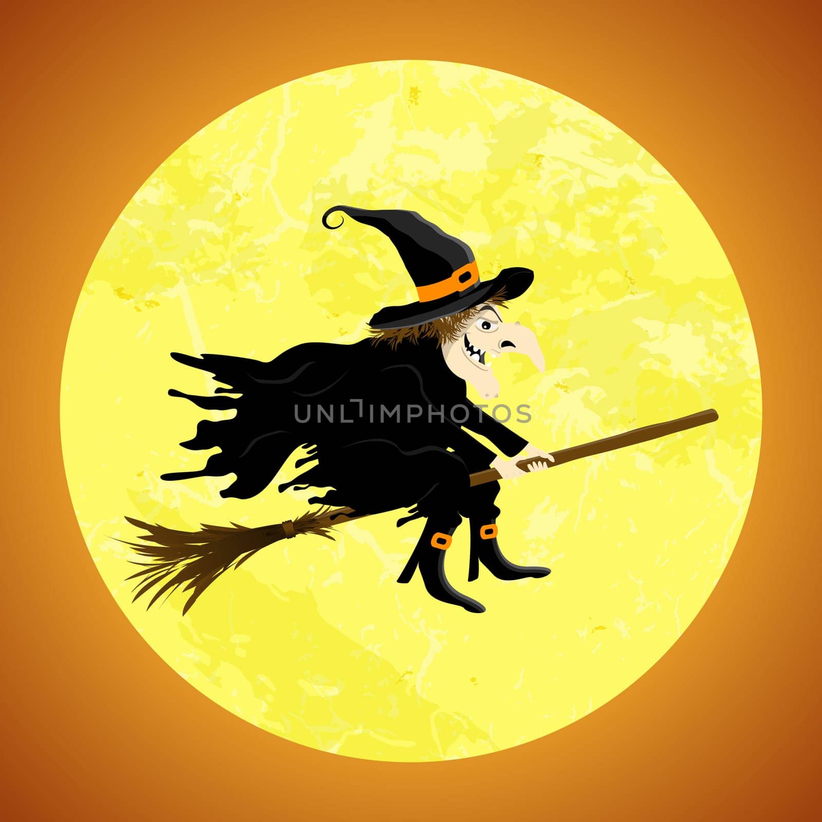 witch in front of full moon with scary illustrated elements for Halloween background layouts