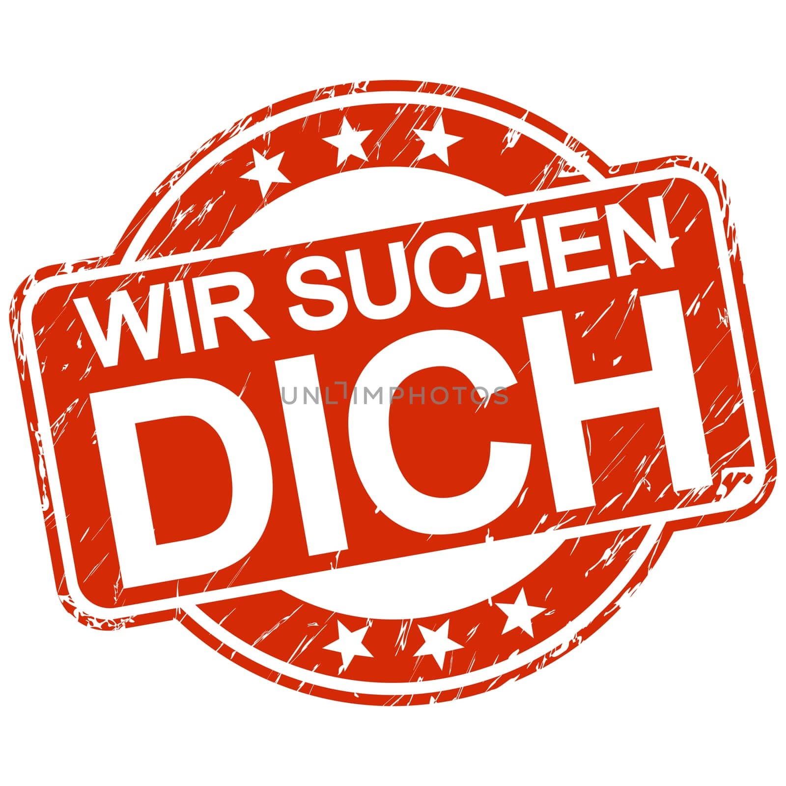 red round stamp with scratches and text we are looking for you (in english)