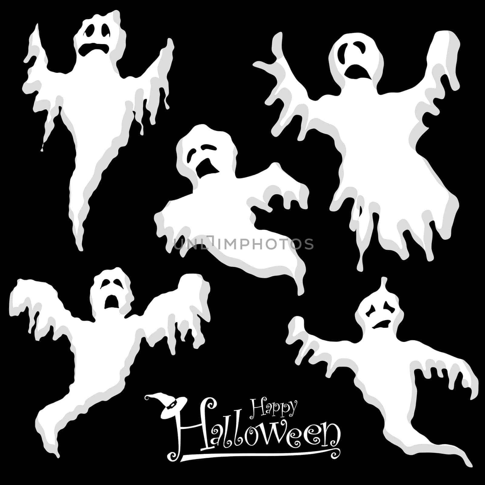 collection of different white colored illustrated spooks for Halloween layouts