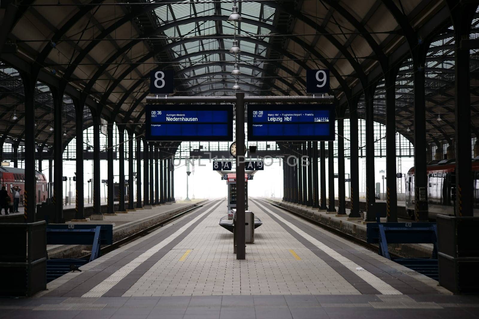 Wiesbaden,Germany - October 15,2017: The interior shot of Wiesbaden Central Station with platforms and fog in the background on October 15,2017 in Frankfurt.