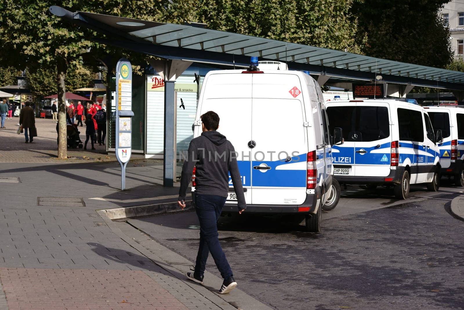 Mainz,Germany - October 03,2017: Police patrol car at a bus stop on the Day of German Unity on October 3,2017 in Mainz.