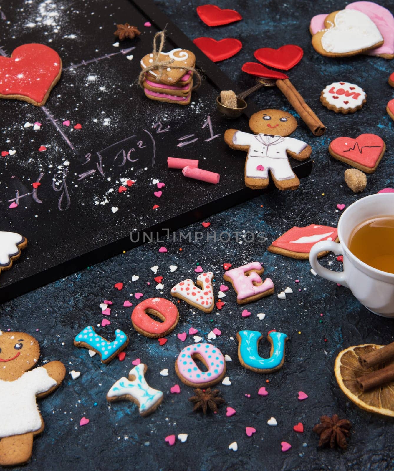 Math, gingerbreads , formula of love. Gingerbreads for Valentines Day or wedding theme.