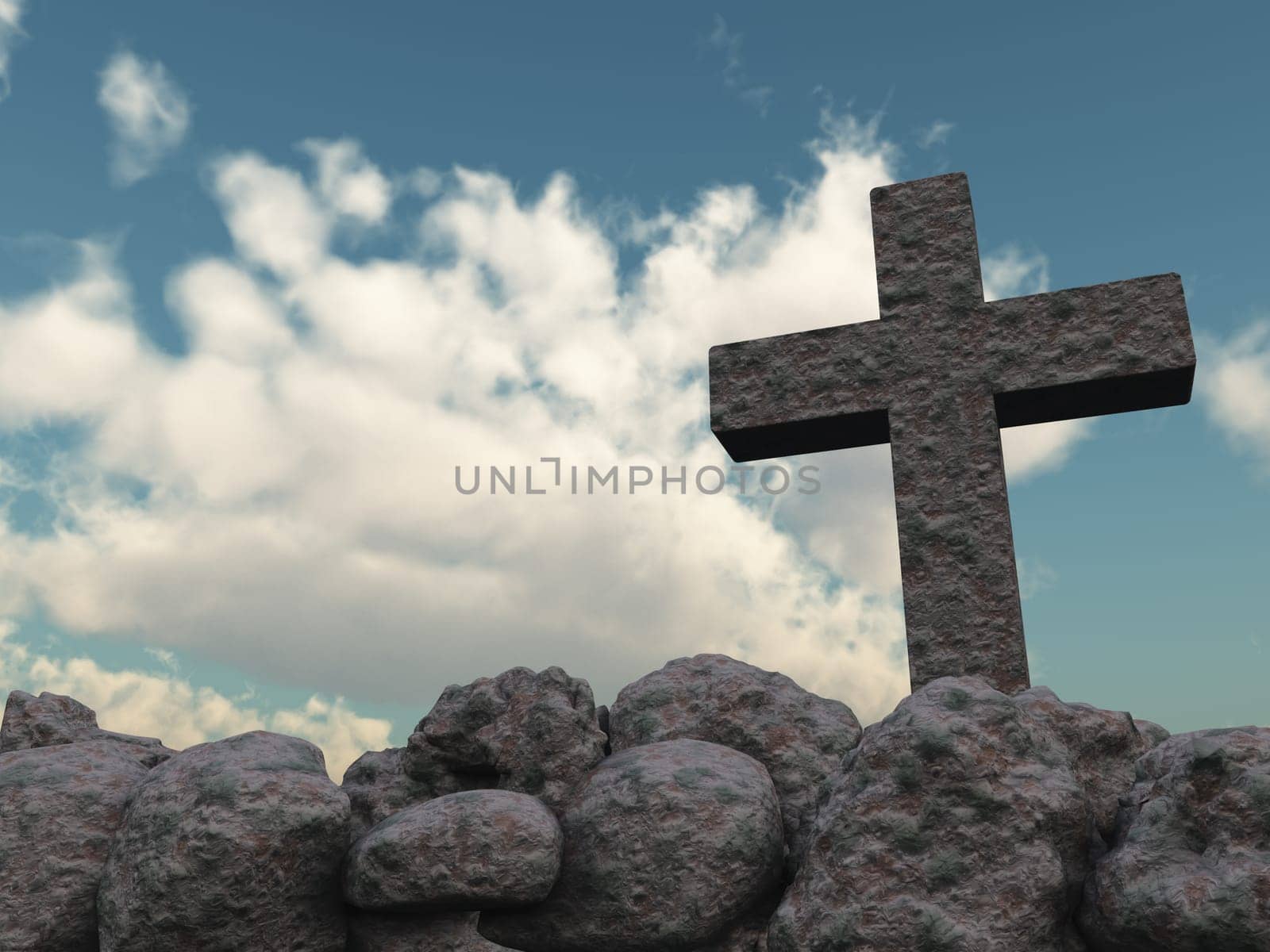 Christian cross made of stone in front of a cloud sky - 3d illustration