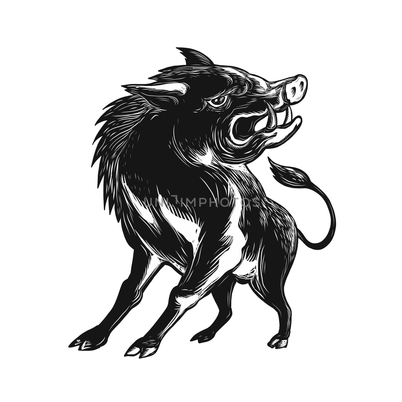 Scratchboard style illustration of an angry wild hog, feral pig, wild boar or razorback roaring viewed from low angle in front done on scraperboard on isolated background.