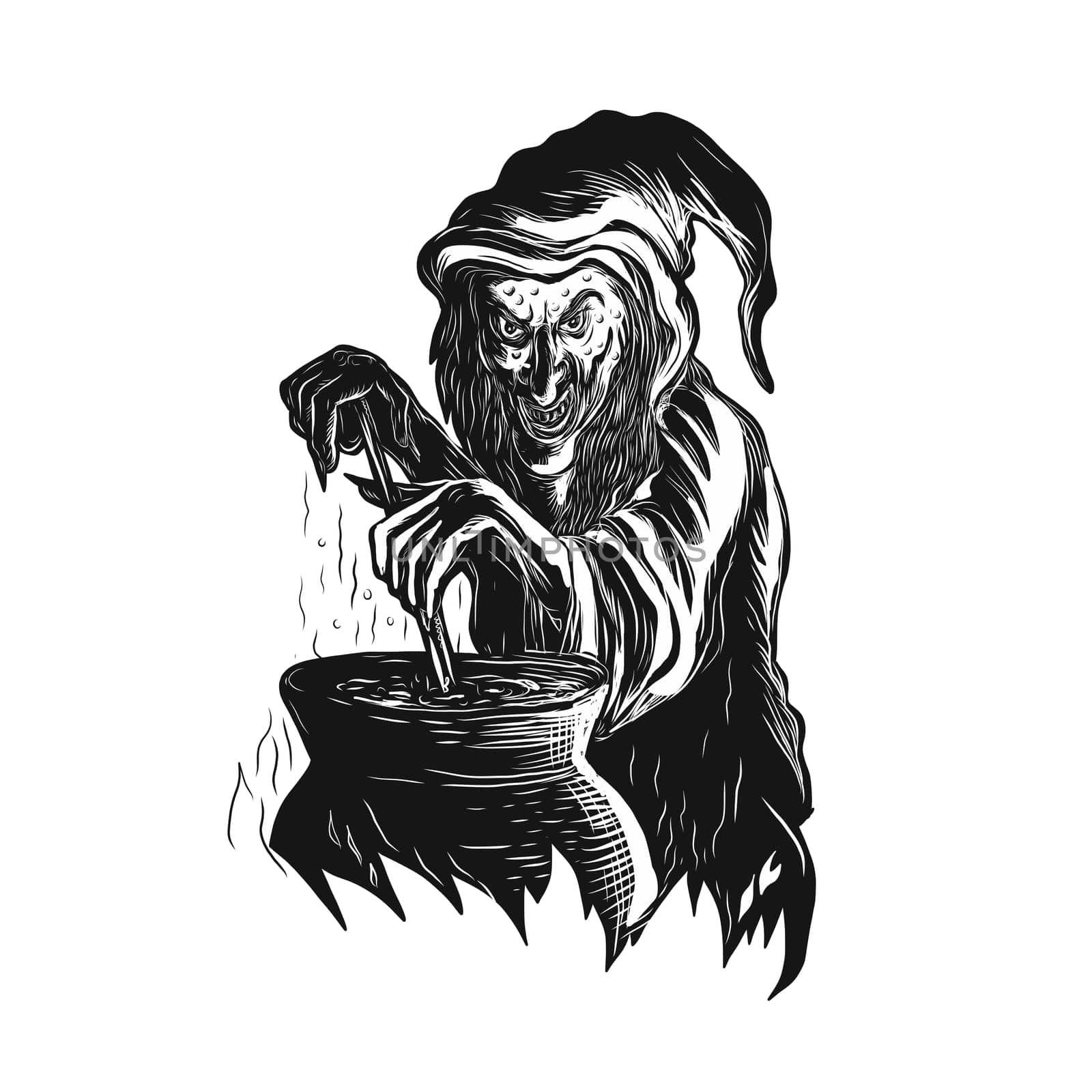 Scratchboard style illustration of a witch or sorcerer stirring magic brew pot practicing Witchcraft or witchery done on scraperboard on isolated background.