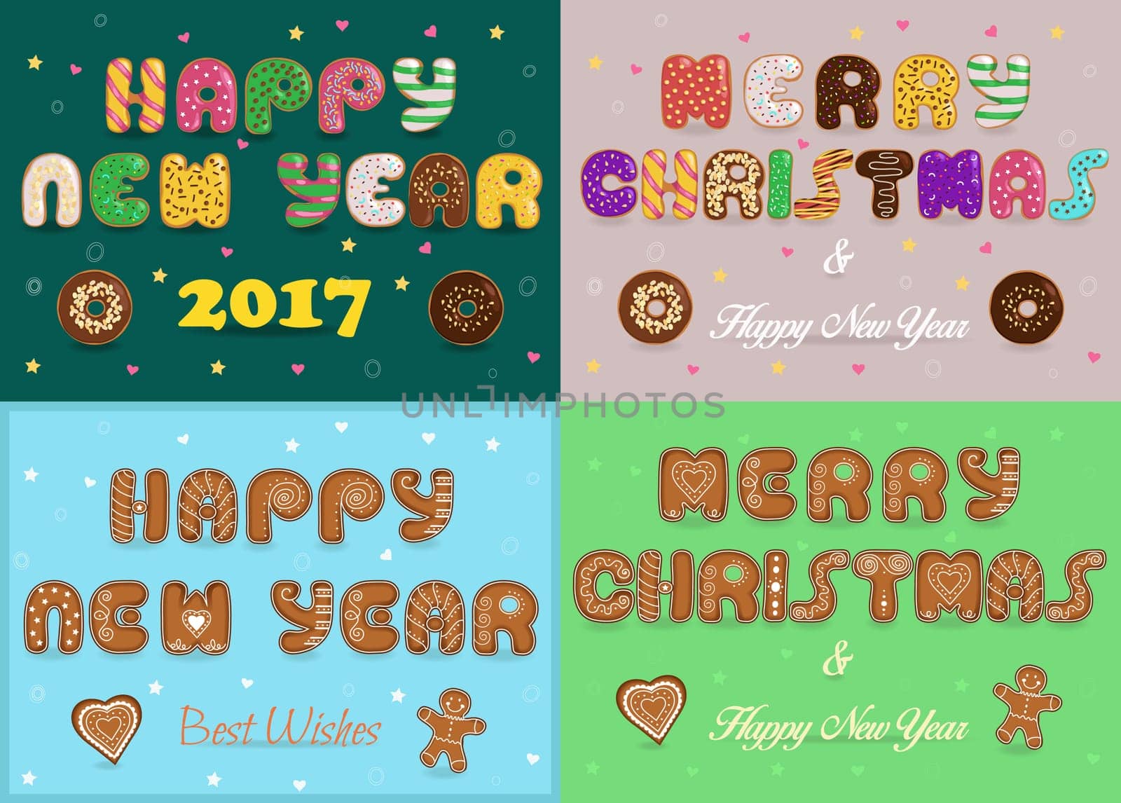 Greeting christmas and new year cards. Artistic fonts. Texts Merry Christmas, Happy New Year. Best wishes. Cookies and donuts