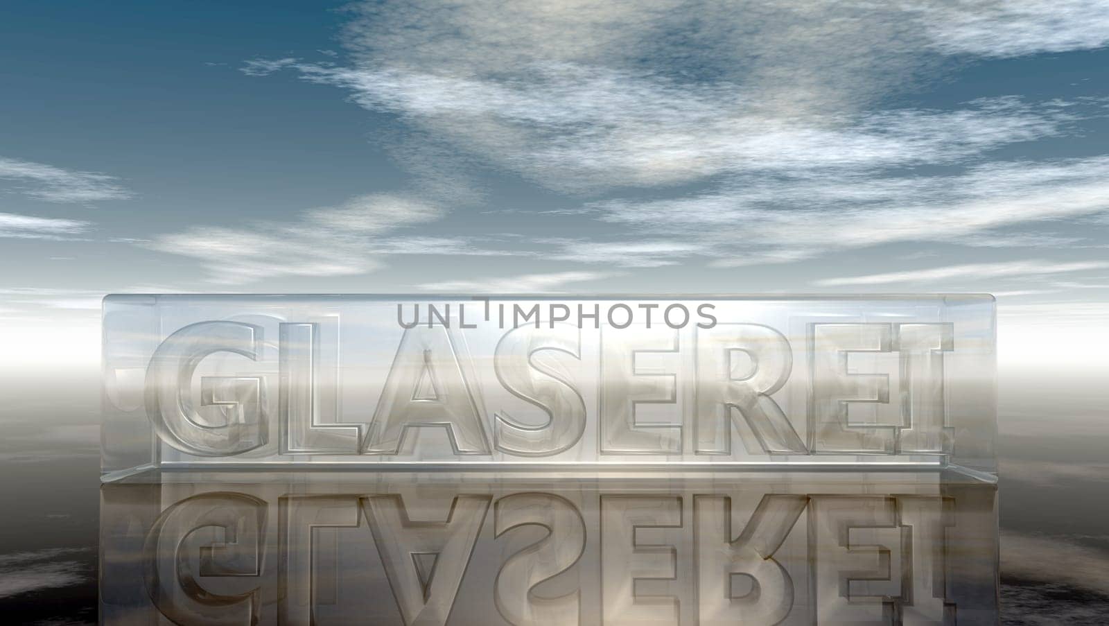 the word glazing made of glass in front of a cloud sky - 3d illustration