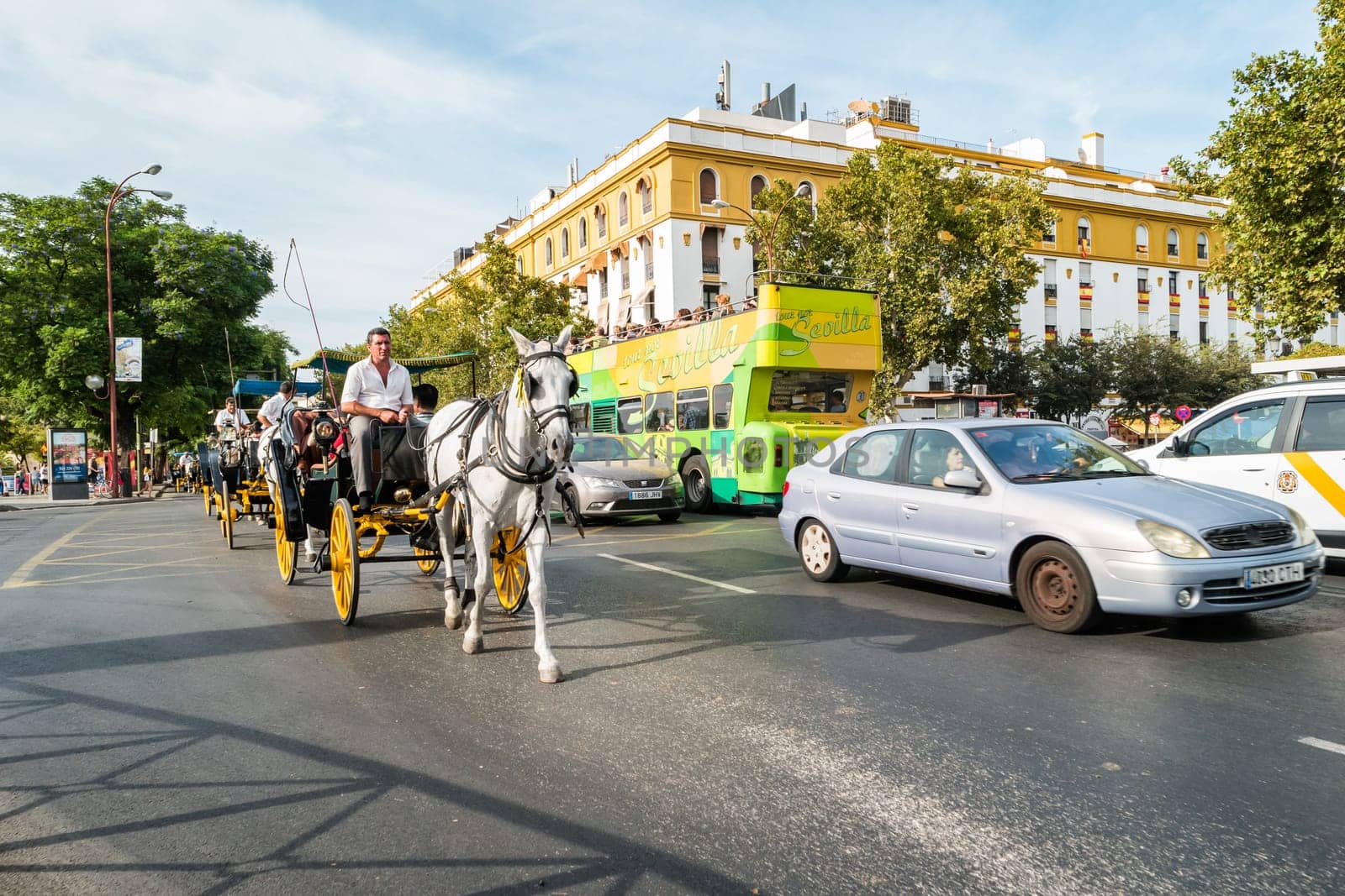 SEVILLE, SPAIN - CIRCA OCTOBER 2017: Typical Andalusian horses with carriages.