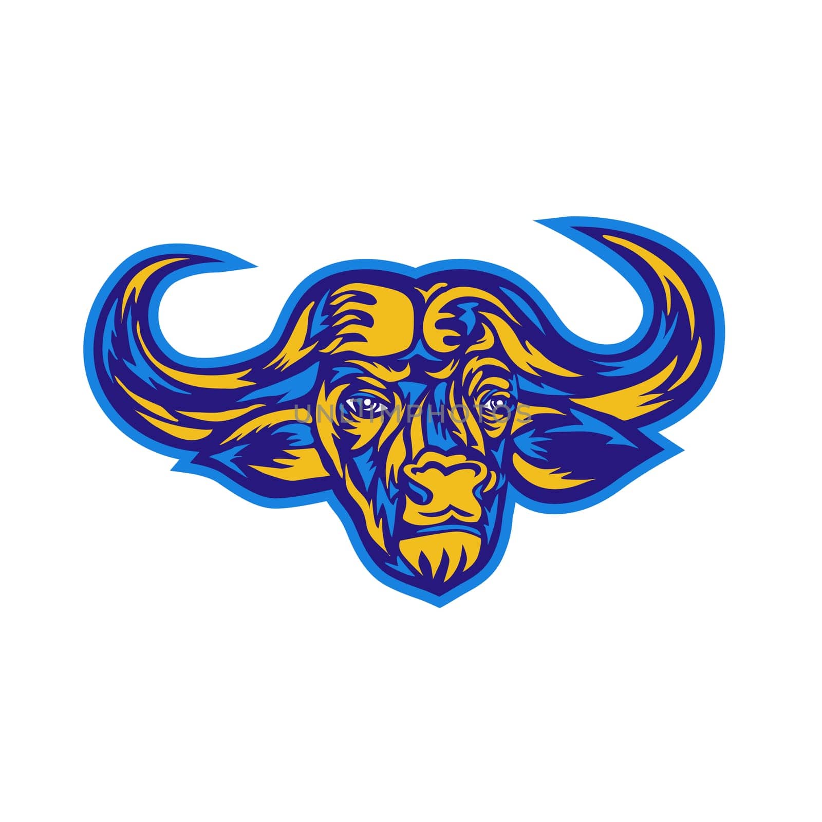 Retro style illustration of head of an African buffalo or Cape buffalo, a large African bovine, viewed from front on isolated background.
