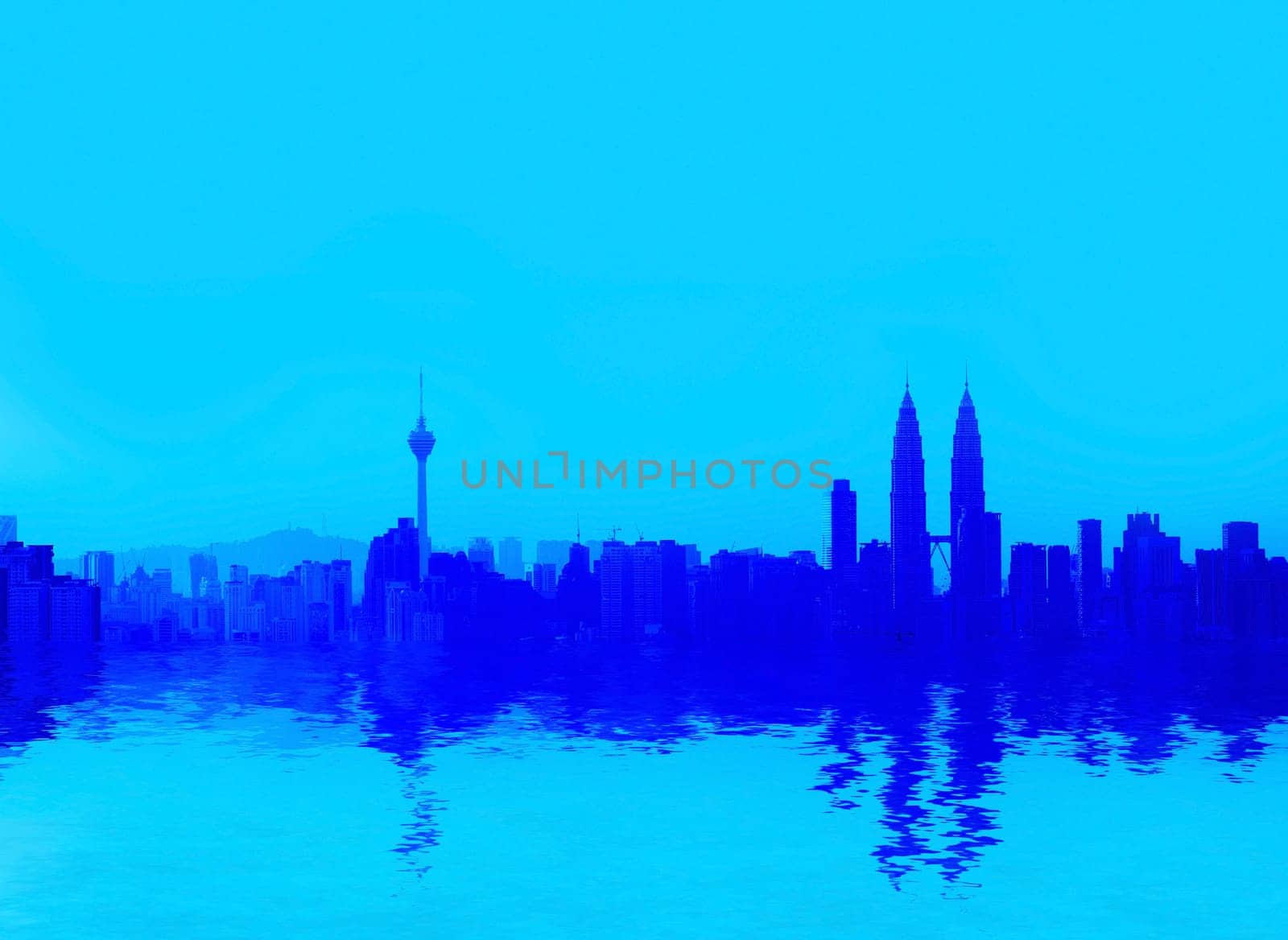 Kuala Lumpur city skyline panorama view with water reflection in blue tone.