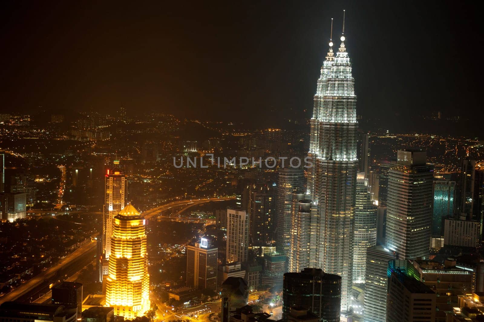 Night Aerial View of Kuala Lumpur skyline, capital city Malaysia, Southeast Asia.