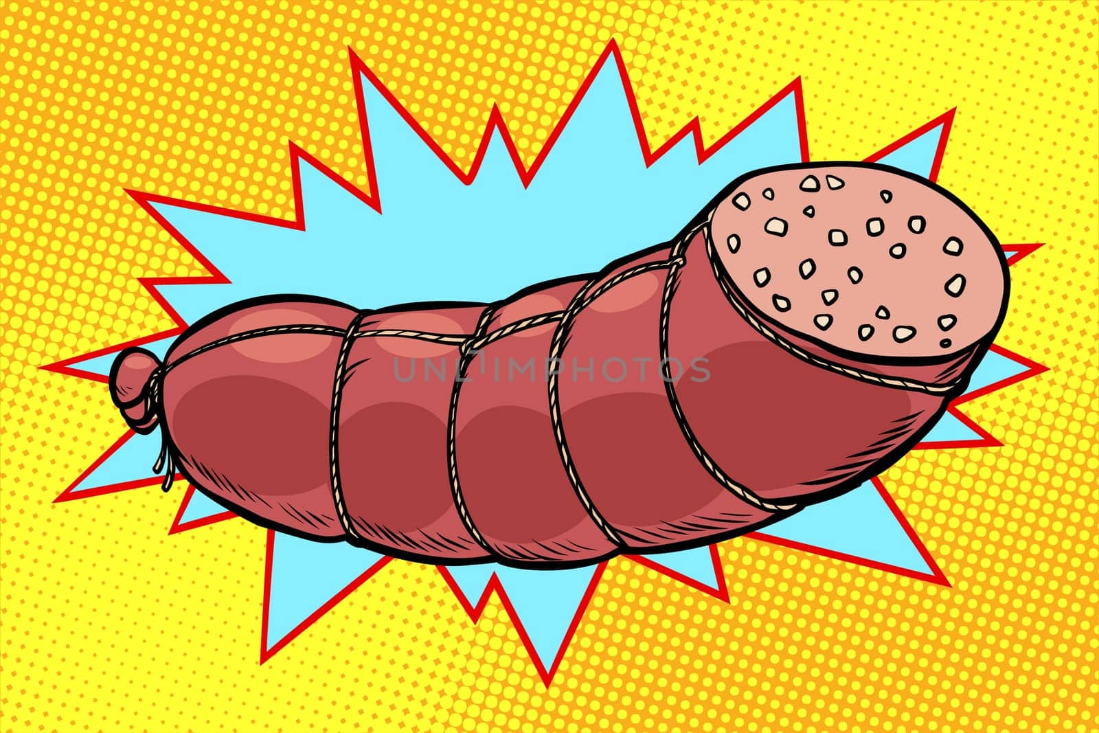 boiled sausage, farm product. Pop art retro vector illustration