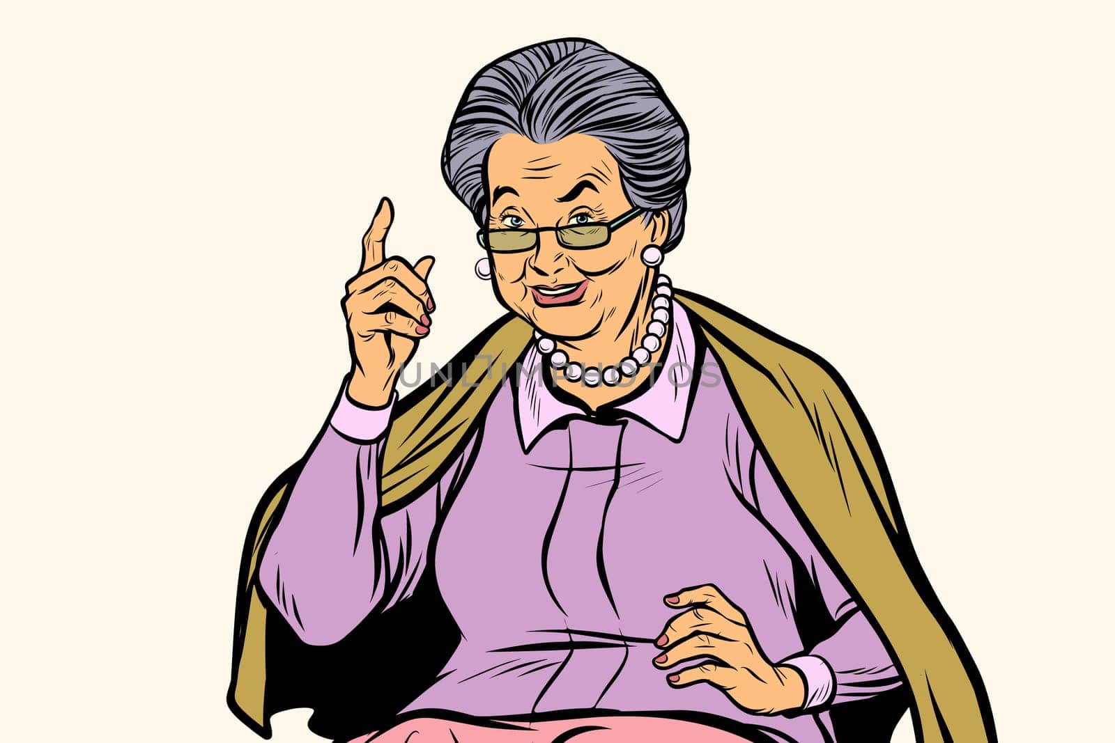 elderly woman pointing finger up, isolated on white background. Pop art retro vector illustration