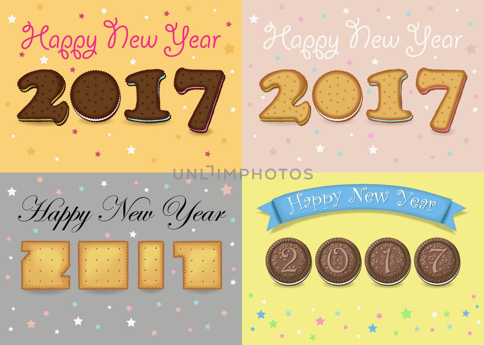 Happy New Year 2017. Cookies font. Numerals are as sweet cookies, chocolate biscuits and crackers. Colorful backgrounds with stars.  illustration