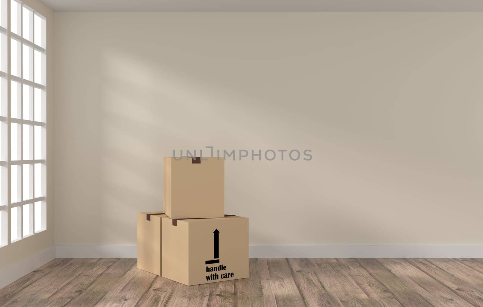 Bright room with three cardboard boxes, moving or new home concept, 3d rendering