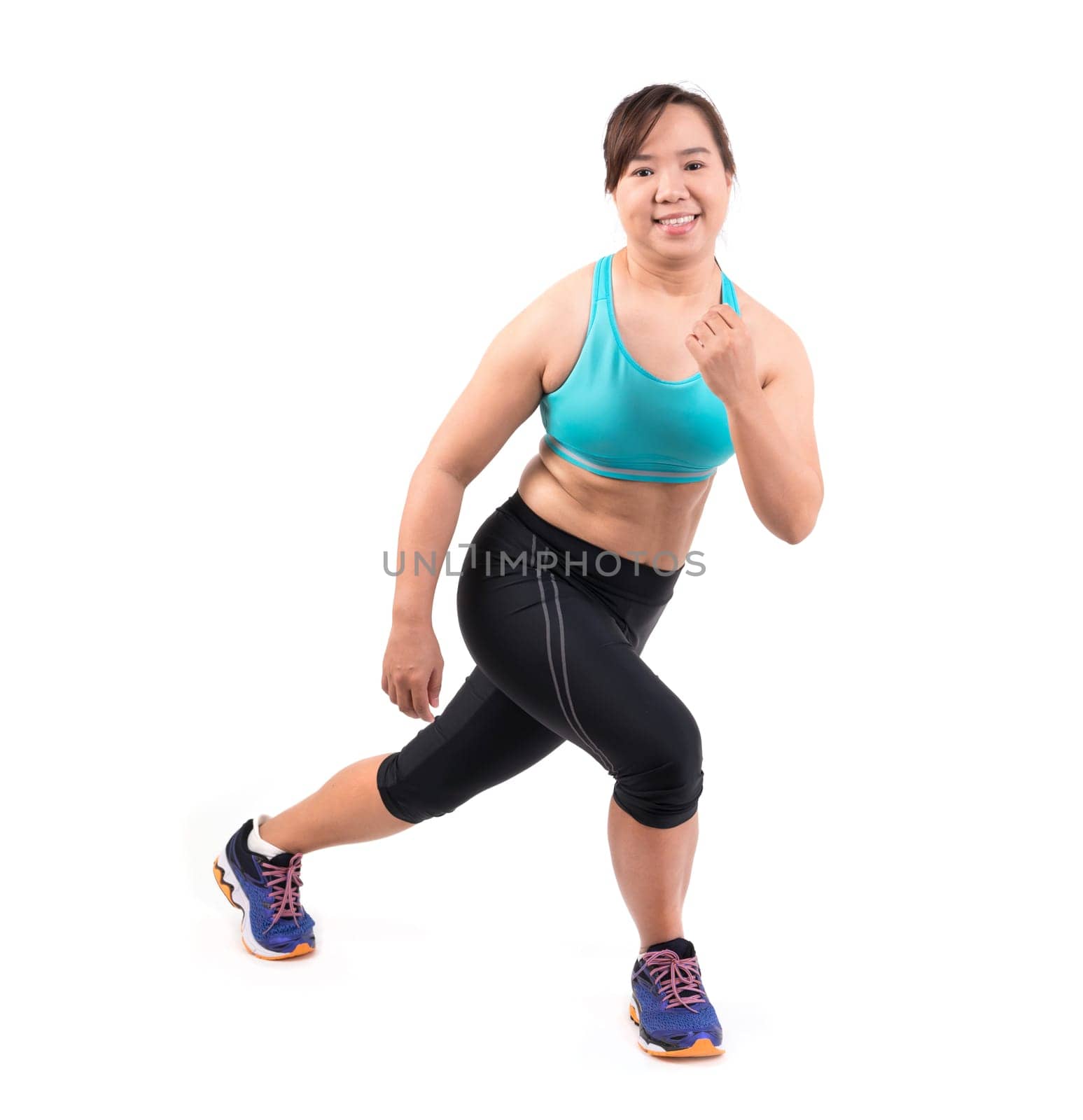 chubby woman doing fitness on white background