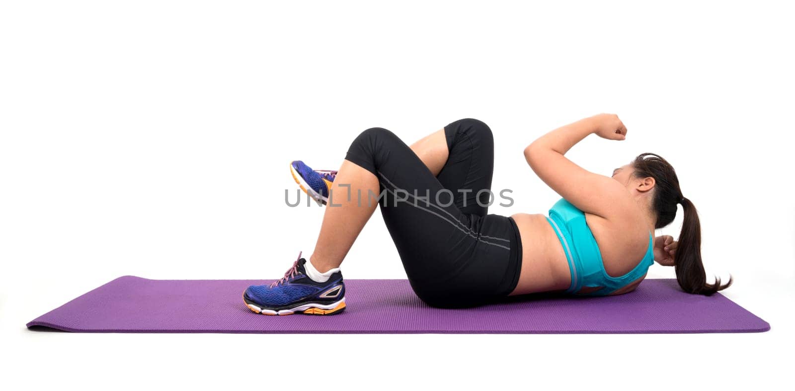 chubby woman doing fitness on white background
