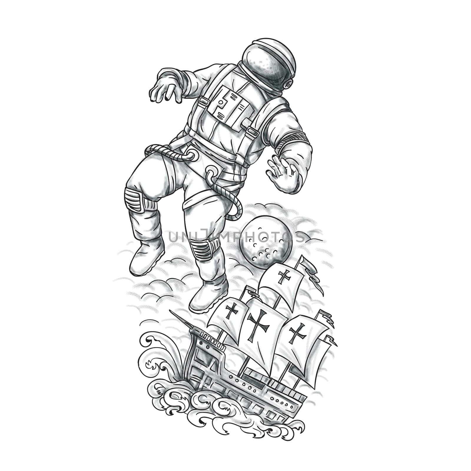 Tattoo style illustration of an astronaut tethered to a caravel, galleon sailing ship on high sea with moon in background.