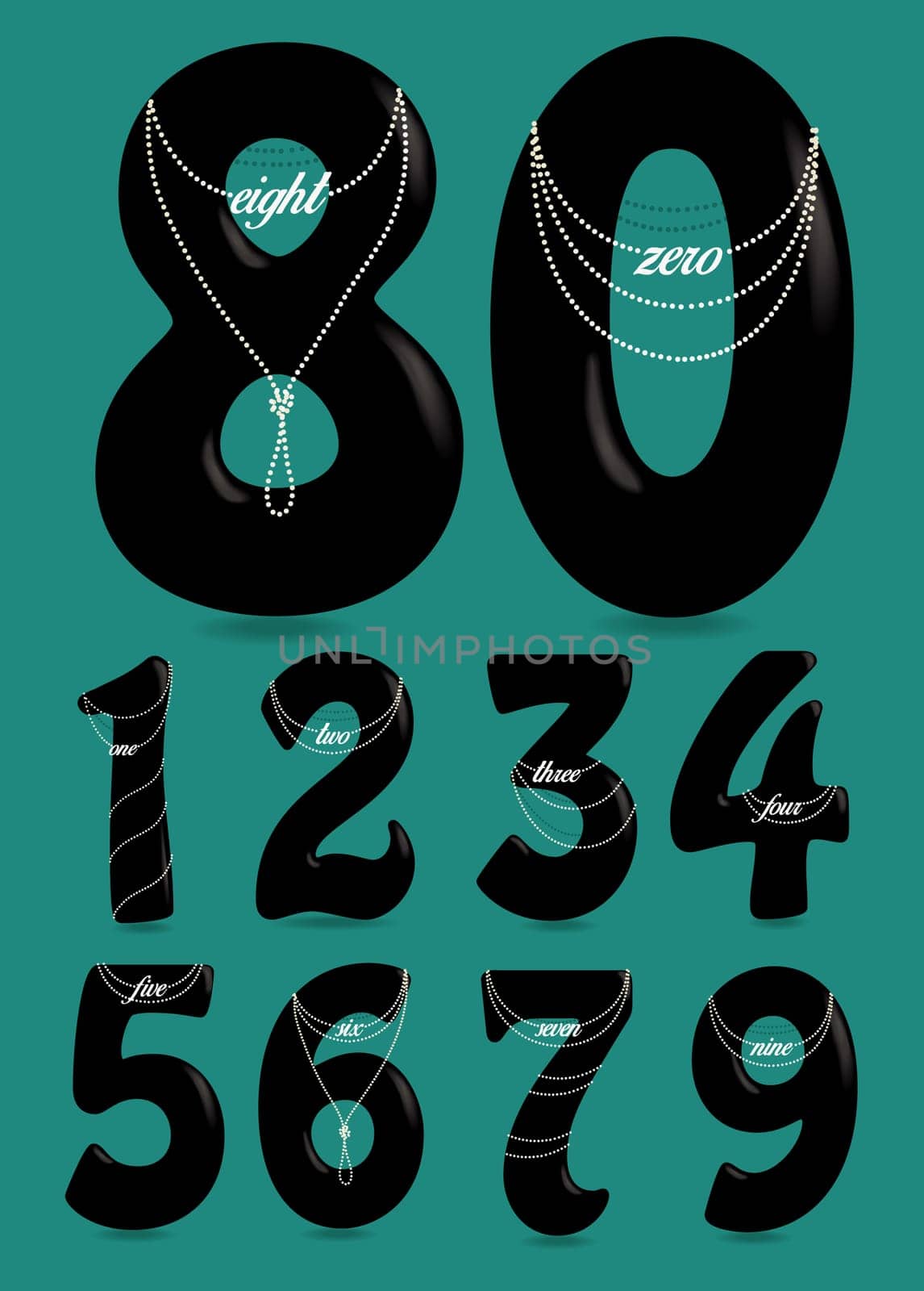 Set of Black Numbers with Pearl Necklaces and Texts. One, two, three, four, five, six, seven, eight, nine, zero. Illustration