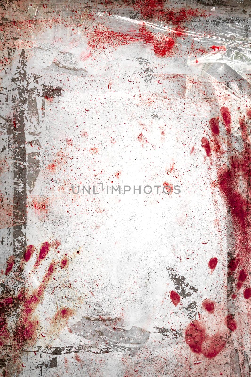 Horror background with grungy frame, bloody handprints, remains of scotch tape and cellophane. Vertical background fully editable. It can be used as a party invitation, food menu, poster, wallpaper, design t-shirts and more..